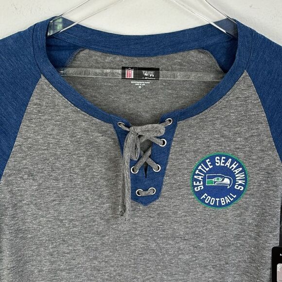 NWT Seattle Seahawks NFL Team Apparel 3/4 Sleeve Gray Lace Up T-Shirt Size XS - Picture 2 of 11